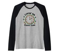 Livin' On Puppy Time: Playful Dog Lover Clock Raglan Baseball Tee, Men, Black/Athletic Heather, M