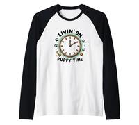 Livin' On Puppy Time: Playful Dog Lover Clock Raglan Baseball Tee, Men, Black/White, S