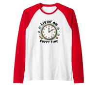 Livin' On Puppy Time: Playful Dog Lover Clock Raglan Baseball Tee, Men, Red/White, L