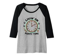 Livin' On Puppy Time: Playful Dog Lover Clock Raglan Baseball Tee, Women, Black/Athletic Heather, XL