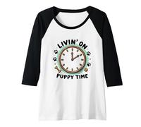 Livin' On Puppy Time: Playful Dog Lover Clock Raglan Baseball Tee, Women, Black/White, M