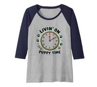Livin' On Puppy Time: Playful Dog Lover Clock Raglan Baseball Tee, Women, Navy/Athletic Heather, L