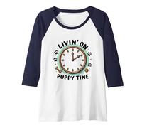 Livin' On Puppy Time: Playful Dog Lover Clock Raglan Baseball Tee, Women, Navy/White, L