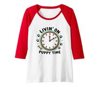 Livin' On Puppy Time: Playful Dog Lover Clock Raglan Baseball Tee, Women, Red/White, S