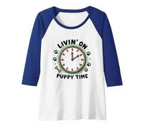 Livin' On Puppy Time: Playful Dog Lover Clock Raglan Baseball Tee, Women, Royal Blue/White, XXL