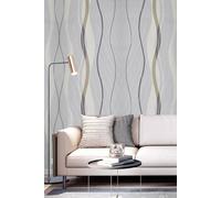 Living And Home 10M X 53Cm Modern Geometric Curving Linear Wallpaper In Grey Grey One Size