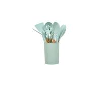 Living And Home 12-Piece Silicone Cooking Utensils Set With Wooden Handles And Storage Bucket, Light Green