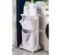 Living and Home 2 Compartments Laundry Basket Bathroom Clothes Storage on Wheels - White