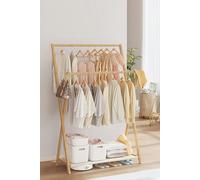 Living and Home 2-Rod Bedroom Floor Stand Solid Wooden Cloak Coat Rack Garment Shelf Holder - Natural