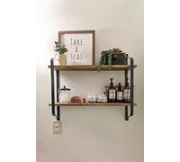 Living and Home 2 Tier Decor Floating Wall Shelf Retro Style Metal Wooden Storage Rack in Black Living and Home Black