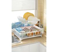 Living and Home 2-Tier Dish Drainer Rack with Kitchen Utensil and Glass Holder - White - White - One Size