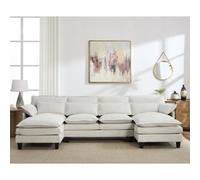 Living And Home 3-Seater White Chenille Upholstered Sectional Sofa With Pillows