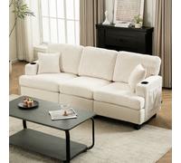 Living And Home 3-Seater White Corduroy Upholstered Sofa With Throw Pillows