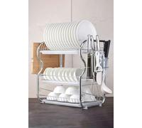 Living and Home 3 Tier Dish Drainer Rack Plate Bowl Storage Drying Tray Board with Kitchen Utensils Holder , Hooks - Silver