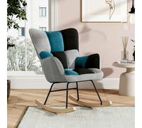 Living and Home 3ft Patchwork Upholstered Rocking Chair with Wooden Skates - Grey&Blue&Black