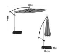 Living and Home 3M Cantilever Garden Parasols Light Grey Iron Banana Umbrella with LED Lights - Rectangle water tank base