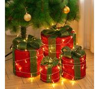 Living And Home 4 Pcs Red Glitter Led Lighted Christmas Square Gift Box Present Boxes Xmas Tree Decor With Bow
