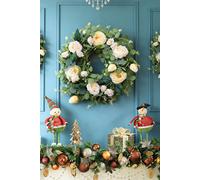 Living And Home 40Cm Artificial Eucalyptus & Camellia Wreath For Front Door, Fireplace & Windows In Green Green One Size