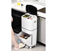 Living And Home 42L 3-Tier Rolling Dustbin Dry Wet Separation Trash Bin With 2 Inner Buckets & Storage Drawer Rubbish Bin Garbage Can In White White One Size