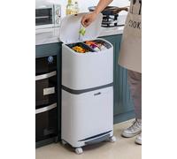 Living and Home 48L Rubbish Bin Pedal Waste Dustbin 3 Compartments Recycling Trash Can with Wheels Detachable Divider in White Living and Home White