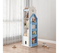 Living And Home 5-Tier Blue And White Wooden Castle Kids Rotating Bookcase Bookshelf