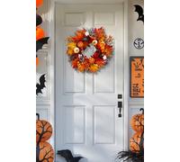 Living And Home 55Cm Pre-Lit Autumn Wreath Seasonal Decor With Pumpkin, Maple Leaves, Cotton & Pine Cones In Orange Orange