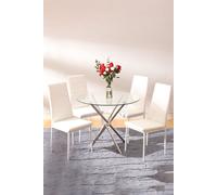Living and Home 5pcs Dining Table Set of 4 Modern Faux Leather Dining Chairs and Tempered Glass Table in White Living and Home White
