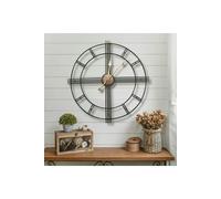 Living and Home 60cm Dia Round Skeleton Metal Wall Clock with Gold Needles - Black