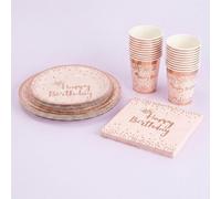 Living And Home 60Pcs Pink Rose Gold Polka Dot Disposable Tableware Set Paper Plates Cups Wood Pulp Napkins