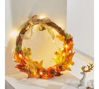 Living And Home Artificial Pumpkin Maple Leaves Hanging Wreath With Led Lights For Thanksgiving Harvest Festival 40Cm