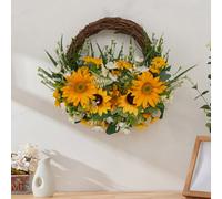 Living And Home Artificial Sunflower Wreath White Wildflower Greenery Rattan Base Front Door Farmhouse Wall Decor