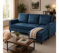 Living And Home Blue Chenille Upholstered L-Shaped 3-Seater Sectional Sofa With Ottoman