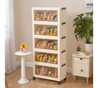 Living And Home Cream-Colored Five-Tier Plastic Storage Cabinet With Wheels, 53.3Cm W X 23Cm D X 123.5Cm H