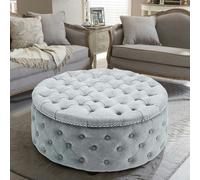 Living and Home Dia 75cm Linen Tufted Round Cocktail Ottoman with Solid Wood - Grey White