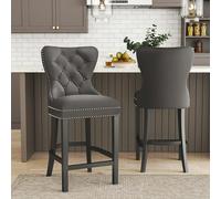 Living and Home Dining Bar Chairs Wooden Velvet Buttoned Bar Stool - 2 Chairs - Grey