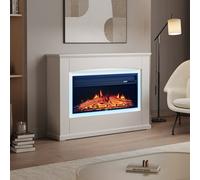 Living And Home Electric Fire Suite Black Fireplace With White Surround Set 7 Led Mood Light Adjustable Stove Size 34''