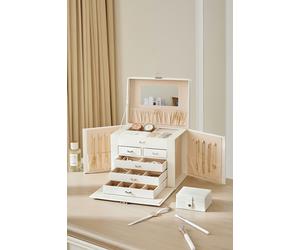 Living and Home Large Multi Tier Faux Leather Jewellery Storage Box with Handle - White