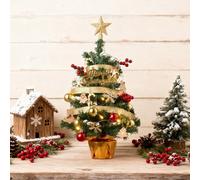 Living And Home Miniature Gold Ribbon Christmas Tree With String Lights, Desktop Decoration Set, 31.5Cm X 61Cm