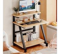 Living And Home Original Wood Color Movable Three-Tier Computer Desk With Wheels 60Cm W X 50Cm D X 90Cm H