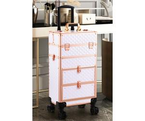 Living and Home Professional 3-in-1 Makeup Trolley Large Beauty Cosmetics Vanity Organizer Rolling Case - White