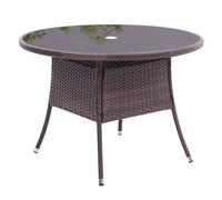 Living And Home Retro Round Garden Rattan Wicker Tempered Glass Top Outdoor Patio Dinging Table With Umbrella Hole, Brown 105 Cm
