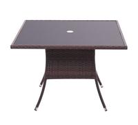 Living And Home Retro Square Garden Wicker Rattan Tempered Glass Top Outdoor Patio Dinging Table With Umbrella Hole Brown 105 Cm