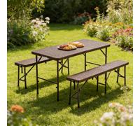 Living And Home Set Of 3 Brown Rectangular Folding Portable Rattan Plastic Garden Camping Table And Bench Set 120 Cm L