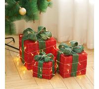 Living And Home Set Of 3 Glitter Led Lighted Christmas Square Gift Box Present Boxes Xmas Tree Decor With Bow