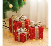 Living And Home Set Of 3 Glitter Light Up Present Boxes Christmas Square Gift Box Xmas Tree Decor Red
