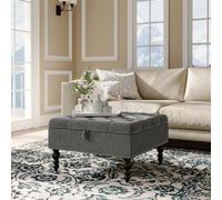 Living And Home Small Grey Linen Upholstered Storage Ottoman Bench Footstool With Wood Legs W 740 X D 740 X H 440 mm