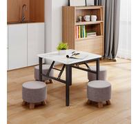 Living And Home Square White Marble Texture Wooden Folding Table Dining Table With Metal Leg For Outdoor 80X80Cm