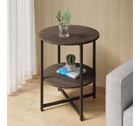 Living And Home Walnut Small Round Bedside Table Coffee Table With 2 Tier