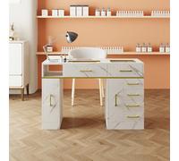 Living And Home White Marble-Texture Manicure Table With Dust Collector, Wrist Cushion And 6 Drawers 115Cm W X 45Cm D X 75Cm H