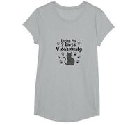 Living My 9 Lives Vicariously Cat Lover Humor T-Shirt, Girls, Heather Grey, Small